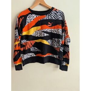 Puma Womens Crewneck Sweatshirt Wild Animal Print Orange Black Zebra Leopard